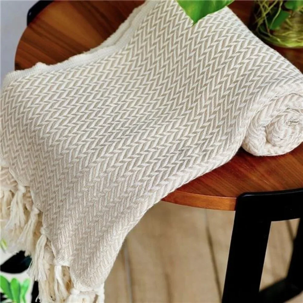 NEW West Elm Boho Beige White Turkish Cotton Tassel Throw Blanket - 60